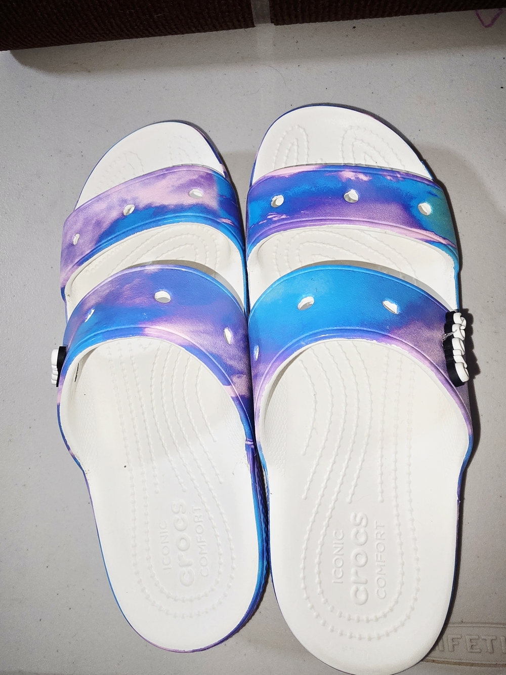 CROCS Men’s White Slide Sandals with Blue and Purple Ombre Straps